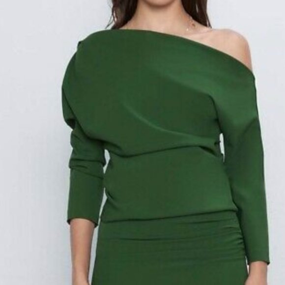 Zara | Tops | Zara Asymmetric Green Top With Gathered Sleeves | Poshmark